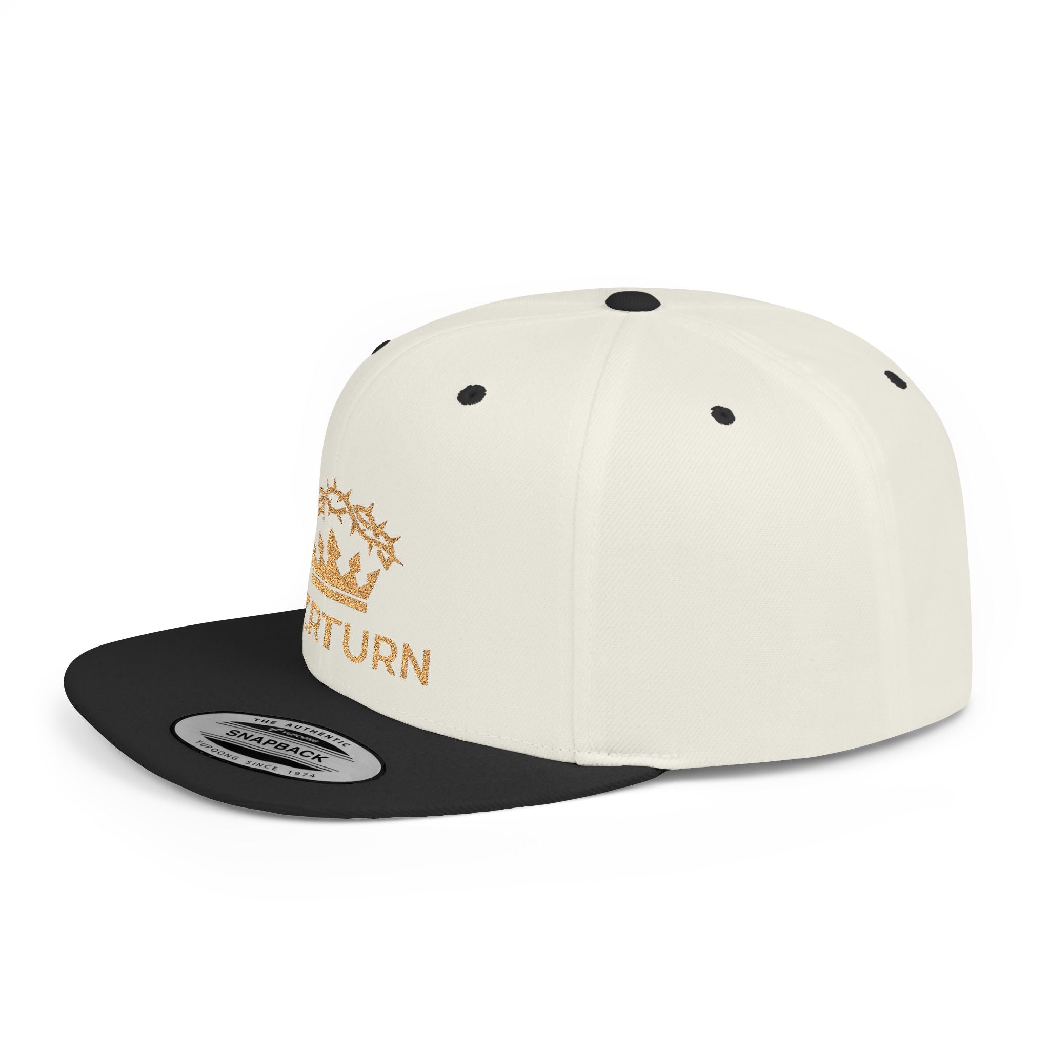 Flat Bill Snapback Hat Gold Crown Embroidery
