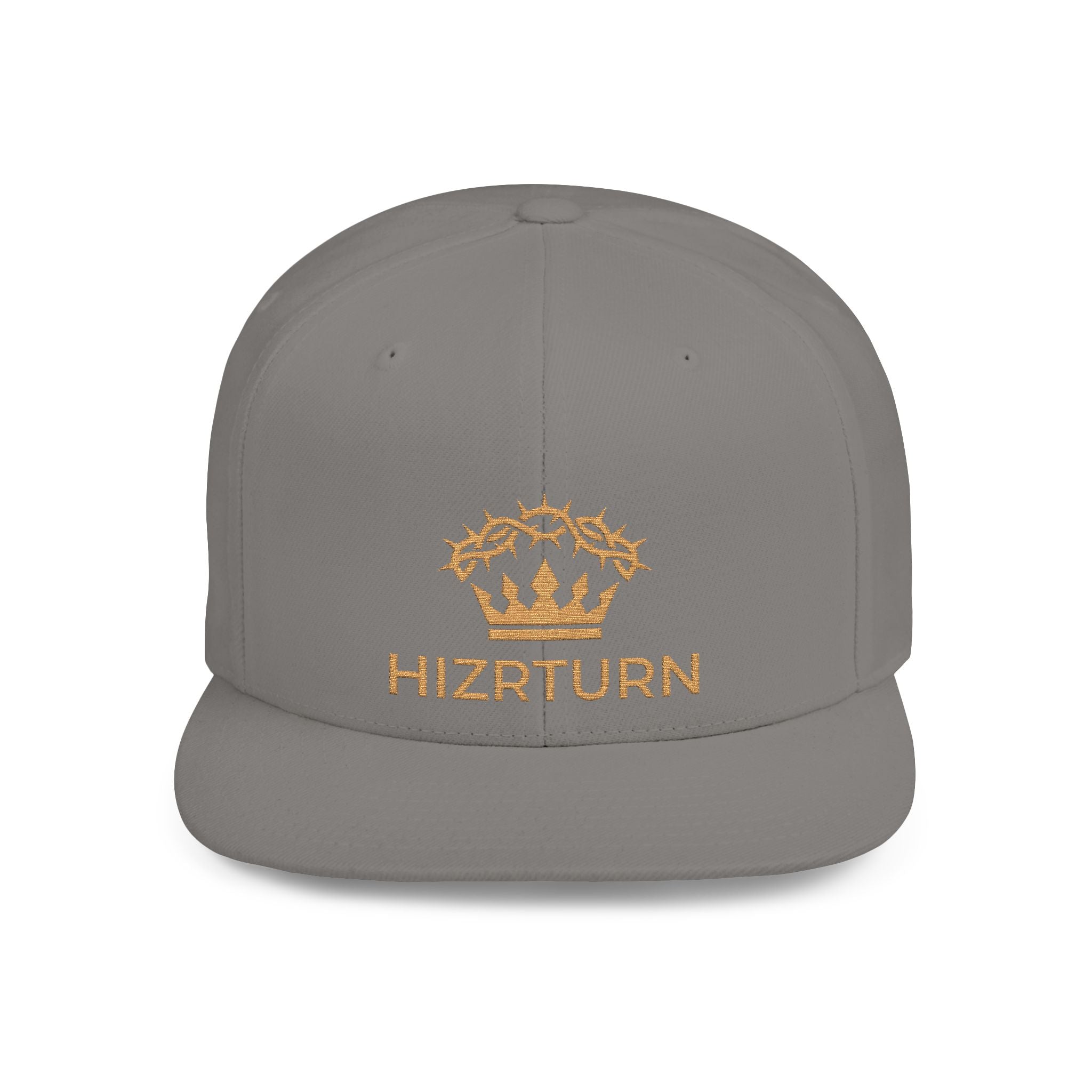 Flat Bill Snapback Hat Gold Crown Embroidery