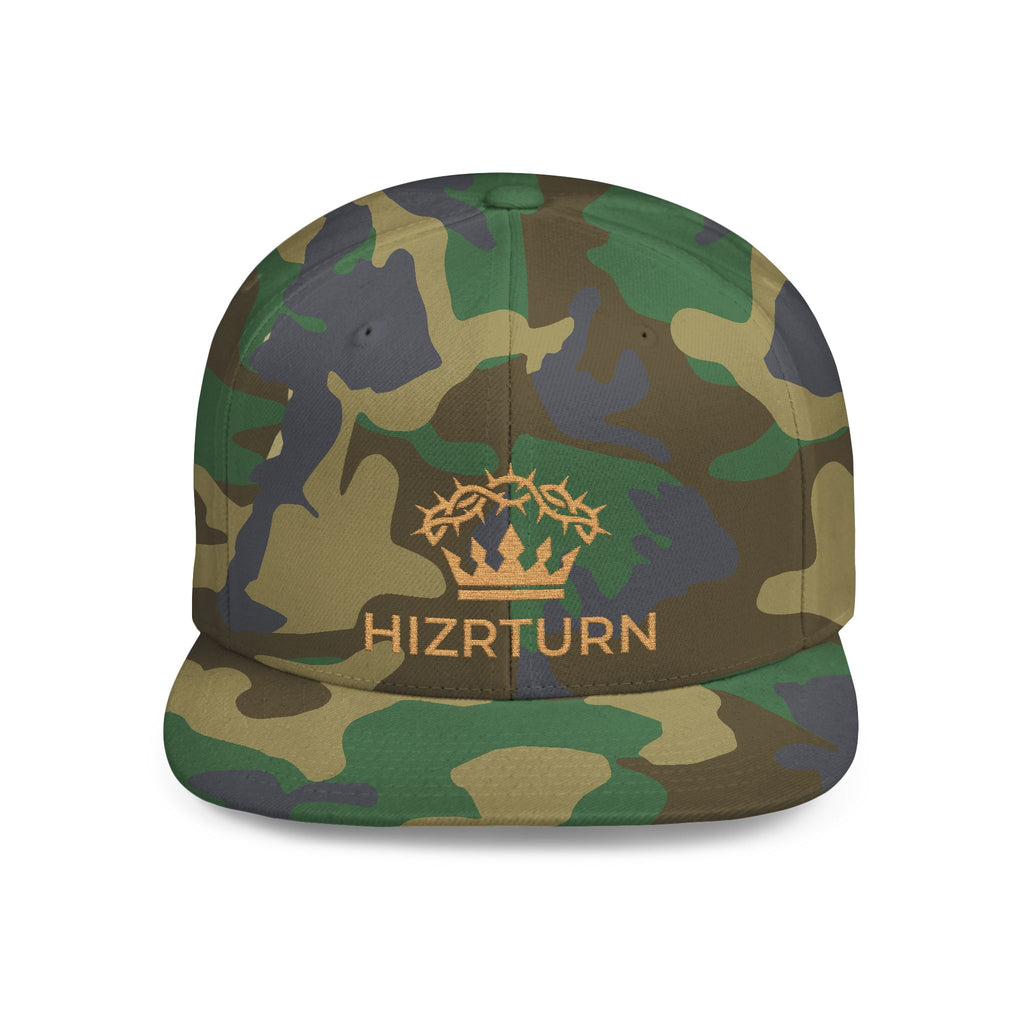 Flat Bill Snapback Hat Gold Crown Embroidery