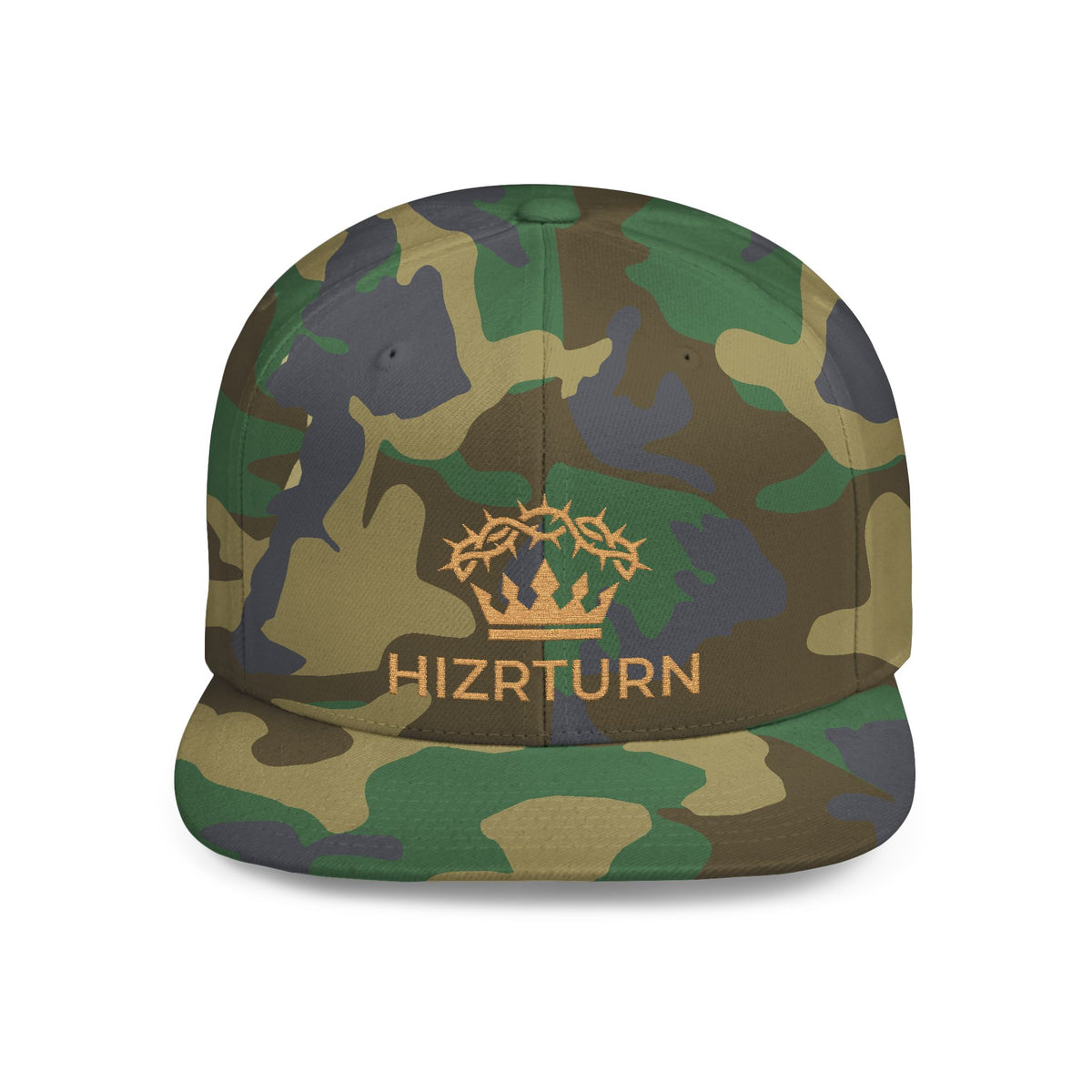 Flat Bill Snapback Hat Gold Crown Embroidery