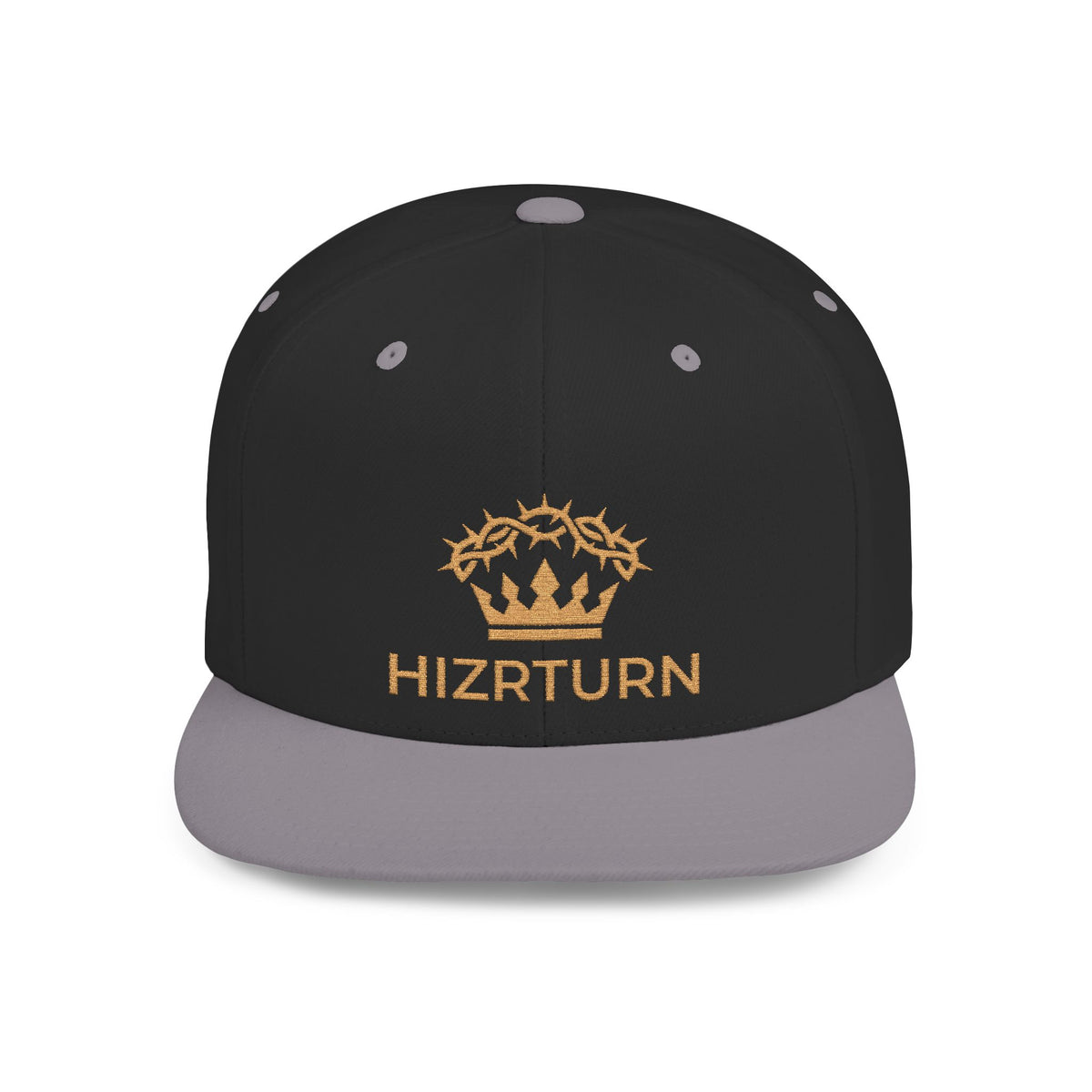 Flat Bill Snapback Hat Gold Crown Embroidery