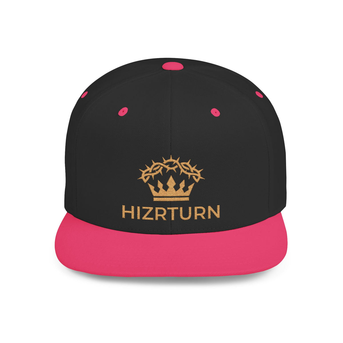 Flat Bill Snapback Hat Gold Crown Embroidery