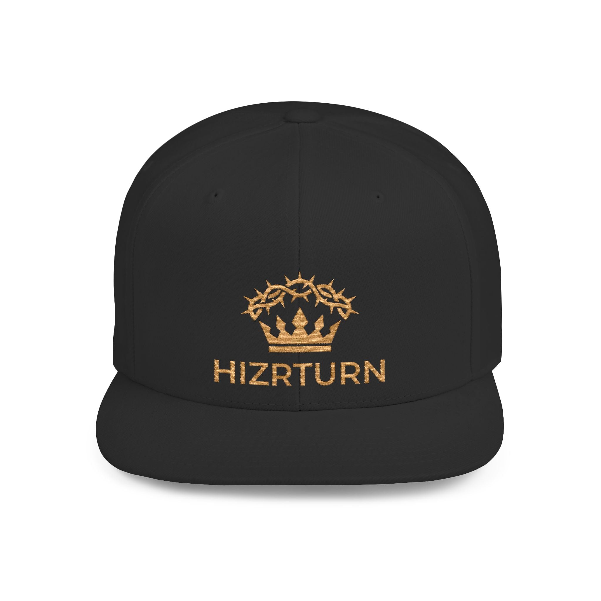 Flat Bill Snapback Hat Gold Crown Embroidery