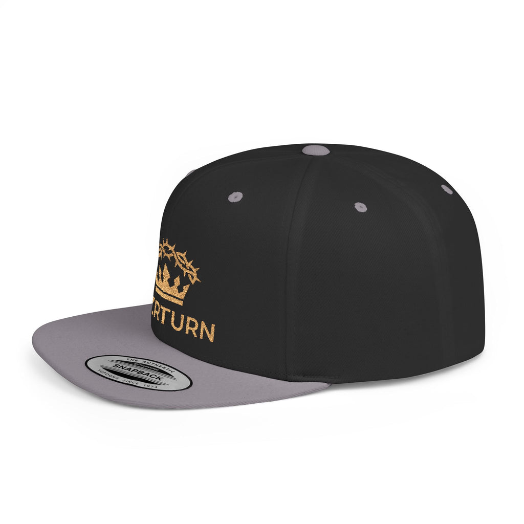 Flat Bill Snapback Hat Gold Crown Embroidery