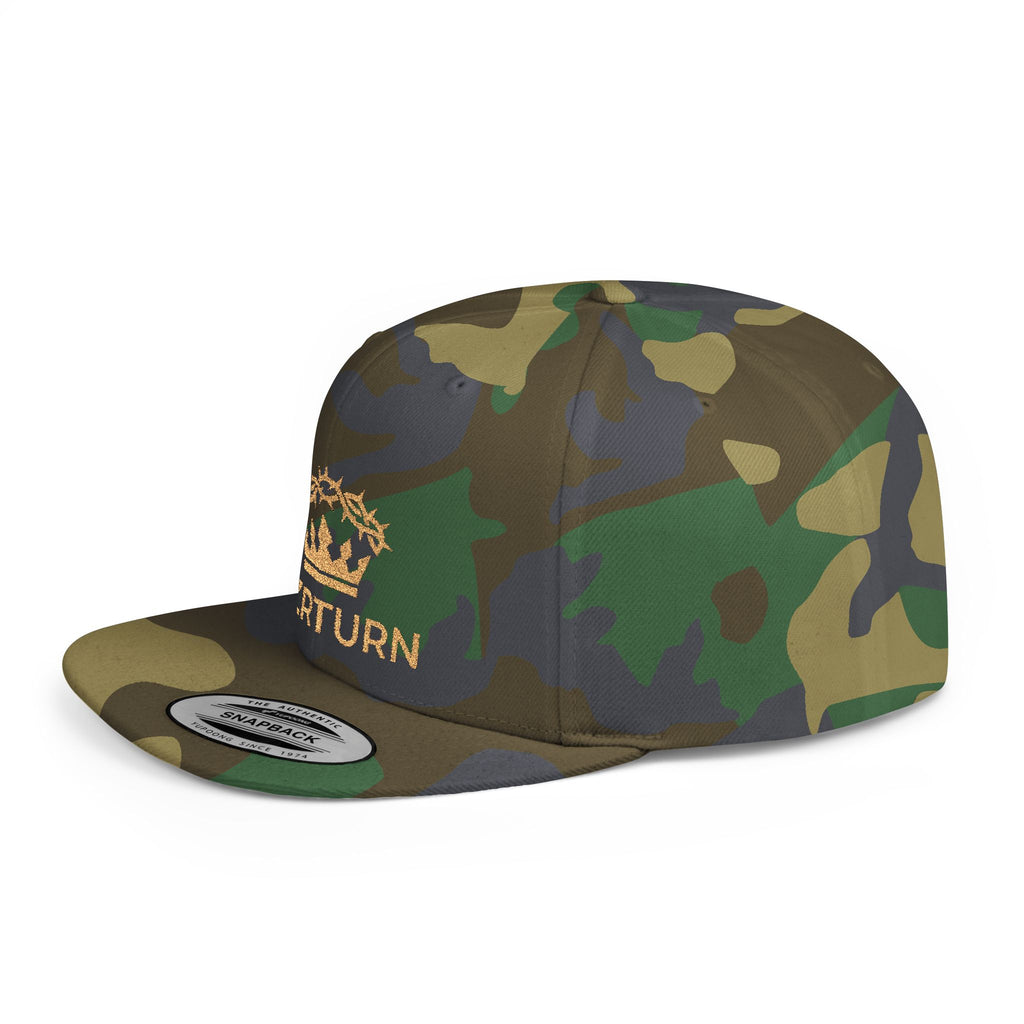 Flat Bill Snapback Hat Gold Crown Embroidery