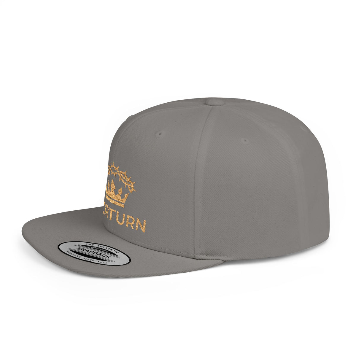 Flat Bill Snapback Hat Gold Crown Embroidery